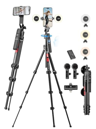 USKEYVISION Vlogging Kit w/Remote,YouTube Starter Kit,Auto Face Tracking Tripod for iPhone w/Light,Phone Stand for Video Recording,Camera Mount Tripod,Wireless Lavalier Microphone（R01 Pro Combo1）