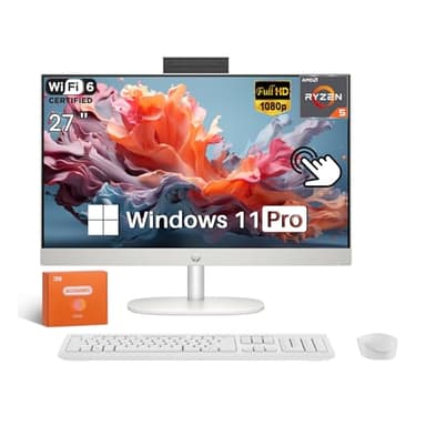 HP 27 Inch All in One Desktop Computer Touchscreen, AMD Ryzen 5 7520U(Max 4.3 GHz), 27” FHD IPS, 16GB RAM, 1TB SSD, WiFi 6, BT 5.3, Business & Home, Wireless KB and Mouse, Win 11 Pro, Accessories