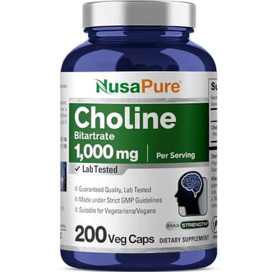 NusaPure Choline Bitartrate - Suitable for Vegetarian/Vegan, Non - GMO - 1000 mg 200 Capsules