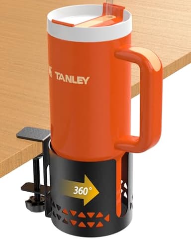 Sackei Desk Cup Holder Metal Under Desk 360° Rotating PC Gaming Accessories Anti-Spill Table Cup Holder Clamp on Chair for Coffee Mugs Stanley YETI Bottles, Pencil Holder