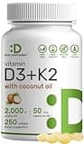 DEAL SUPPLEMENT Sunshine Vitamin D – Vitamin D3 2,000 IU with K2 MK7 50mcg – Infused with Virgin Coconut Oil – Support Healthy Bones, Teeth, and Immune System – Easy to Swallow