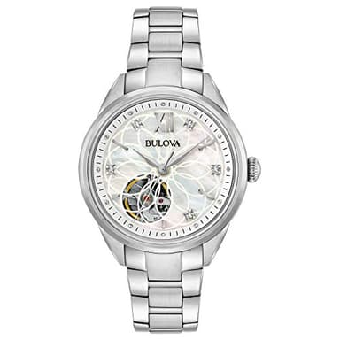 Bulova Ladies' Sutton Stainless Steel 3-Hand Automatic, Open Aperture and White Mother-of-Pearl Dial with Diamonds Style: 96P181
