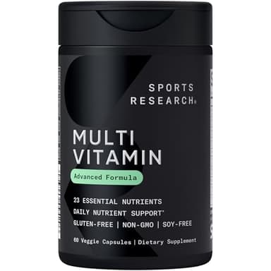Sports Research® Multivitamin – Advanced Formula - 23 Essential Vitamins & Minerals with CoQ10 & Iodine - Daily Nutrient Support*- Non-GMO Tested & Gluten-Free -60 Veggie Capsules