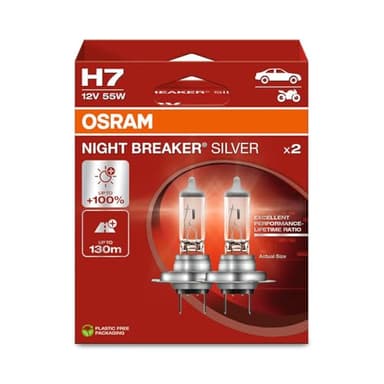 Osram Night Breaker Silver H7, +100% More Brightness, Halogen Headlight Bulb, 64210NBS-2HB, 12 V Car, Hanging Box (2 Lamps)
