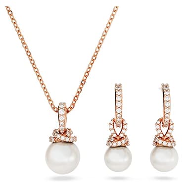 Swarovski Originally Earring and Necklace Set, Clear Stones and Pearls in a Rose Gold-Tone Finished Setting, Part of the Originally Collection