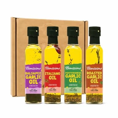 Benissimo Herb Infused Cooking Oil Chef Pack – 4 Artisan Flavored Oils: Italiano, Roasted Garlic, Mediterranean Garlic & Balsamic Garlic – Gourmet Cooking Oil Gift Set, All Natural, 8.1 fl oz Each