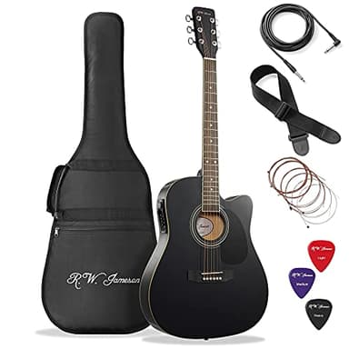Jameson Guitars Full Size Thinline Acoustic Electric Guitar with Free Gig Bag Case & Picks Black Right Handed