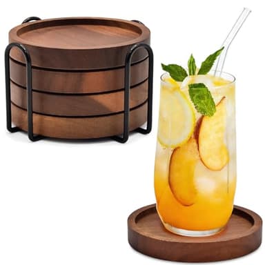 Wood Drink Coasters with Holder, Set of 4, Natural Absorbent Wooden Coasters for Drinks, Modern Rustic Farmhouse Office Bar Decor, Coffee Table Cup Coaster