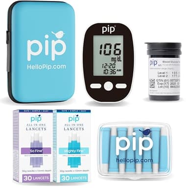 Pip Blood Glucose Monitor Kit with Preloaded Safety Lancets - Complete Diabetes Testing Kit for Blood Sugar Monitoring | No Lancing Device, Virtually Painless | 50 Test Strips, Lancets & Travel Case