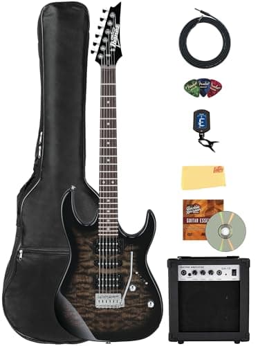 Ibanez GRX70QA RG Gio Electric Guitar - Transparent Black Sunburst Bundle with Amp, Gig Bag, Tuner, Instrument Cable, Picks, Austin Bazaar Instructional DVD, and Polishing Cloth
