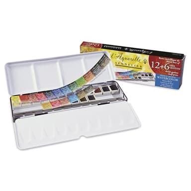 Sennelier French Artists' Watercolors - Set of 12 Plus 6 Free, Metal Case, Half Pans