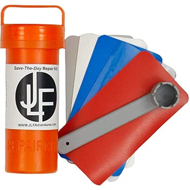 JLF Repair Kit Without Glue for Inflatable Stand Up Paddle Boards (SUP) Includes 3" x 6" Red, White, Blue, Clear, Grey PVC, 5 Patches and 6 Prong Valve Wrench