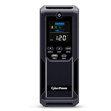 CyberPower CP1500AVRLCD3 Intelligent LCD UPS System, 1500VA/900W, 12 Outlets, 2 USB Ports, AVR, Mini Tower, Black