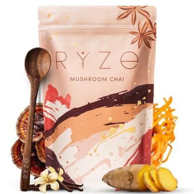 RYZE SUPERFOODS Mushroom Chai with 6 Organic Adaptogenic Mushrooms for Better Energy, Focus, Digestion, Immunity with USA Grown Lion's Mane, Turkey Tail, Shiitake, Reishi - Gluten Free, 20 Servings
