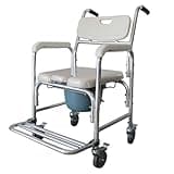 4-in-1Bedside Commode Wheelchair, Shower Commode Chair Rolling Transport Chair Toilet with Arms, Padded Seat, 4 Brake Rollers, Adult Potty Chair for Seniors Elderly Disabled Bariatric, Capacity 300lbs