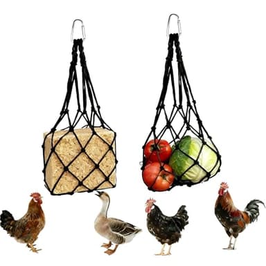 2PCS Chicken Vegetable Hanging Feeder Bags, Reusable String Bag Net Hanging Feeder for Chickens Ducks Coops Toy, Enrichment Toys, Treat Holder, No Waste Poultry Accessory(Black)