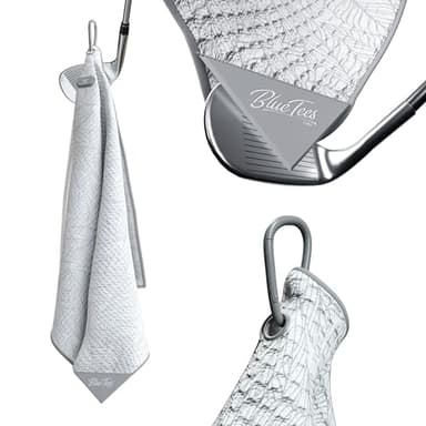 Blue Tees 4 in 1 Magnetic Golf Towel - Standard & Caddy Sizes - Silicone Brush - Groove Cleaner - Magnetic Golf Towels for Golf Bags - Strong Hold to Golf Carts or Clubs - Grey Leaf - Standard 18"x18"