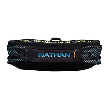 Nathan Running Belt Pinnacle Hydration Waistbelt/WaistPack. Includes Soft Flask, Storage, Zipper Pocket. For Running, Hiking Fanny Pack. No Bounce! (XXS/XS, Black/Blue)