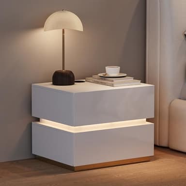 homary Smart Nightstand with LED Light, Wireless Charging Station, USB & Type-C Ports, 2 Drawers – Modern White Bedside Table for Bedroom Storage