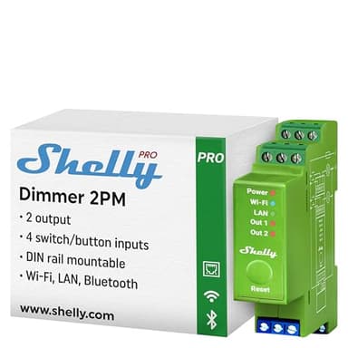 Shelly Pro Dimmer 2PM | Wi-Fi & LAN 2-Channel Smart Dimmer with Power Metering | Home Automation | Bluetooth Gateway | DIN Rail | Compatible with Alexa & Google Home | Dimmable Lights