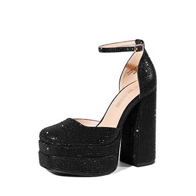 DREAM PAIRS Women’s High Chunky Platform Closed Toe Block Heels Square Toe Ankle Strap Dress Wedding Party Pumps Shoes Aurelia,Size 8.5,Black-Rhinestone,SDPU2319W-1