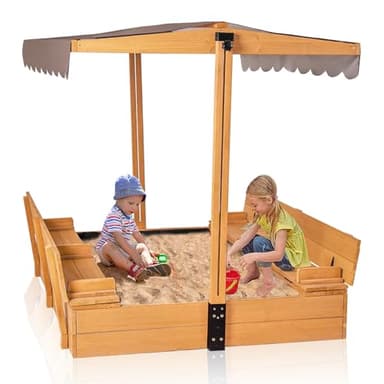 GUTINNEEN Wooden Sandbox with Adjustable Canopy, Outdoor Kids Sand Box with Foldable Benches, Sand Liner, Retractable Roof, 47”Lx47”Wx52”H