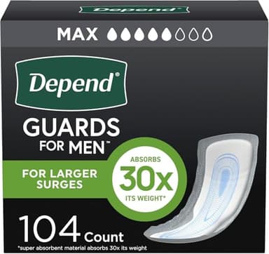 Depend Guards Incontinence Pads for Men, Maximum Absorbency, 104 Count (2 Packs of 52), Packaging May Vary