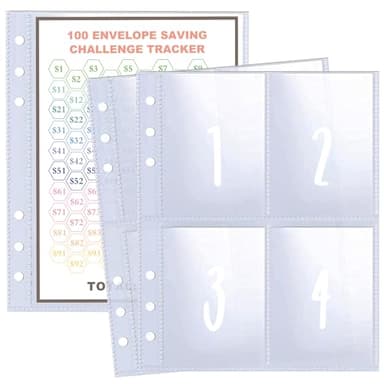25 Pcs 4 Pocket 100 Envelopes Money Saving Challenge Sleeves and Tracker Sheet Protector, Fit for 6 Ring A5 Binder, Pre-Printed 1~100 Numbers Money Pockets Refill Pages,Top Loading Currency Pages