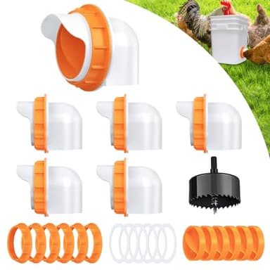 Chicken Feeder Port, 6 Pack Chicken Feeders No Waste with 6 Lids 1 Drill Bit, DIY Automatic Poultry Feeder Cups Kit, Chicken Bucket Feeder for Barrels ((Orange)