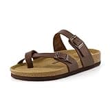 CUSHIONAIRE Luna Cork Footbed Women's Sandals - Comfortable Slip-On Slides with Adjustable Straps & Memory Foam for All-Day Wear | Beach Essential Summer Sandals for Women 2025, BROWN 8.5