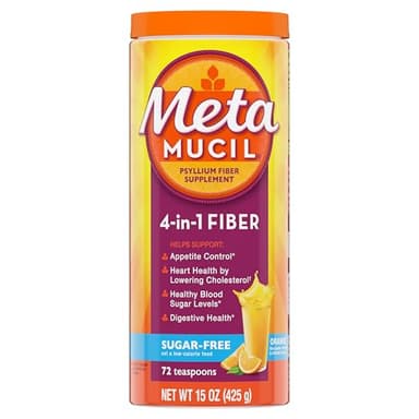 Metamucil 4-in-1 Psyllium Husk GLP-1 Friendly Fiber Supplement, Sugar-Free, 72 teaspoons, Orange Flavored, Daily Fiber Powder for Digestive Health, made with Plant-Based Psyllium Husk Fiber
