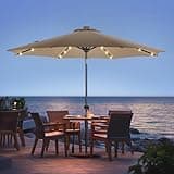 wikiwiki 10ft Solar Led Patio Umbrella, Sturdy Outdoor Market Umbrella for Deck, Pool, Garden w/Tilt, Crank, 32 LED Lights, Tan