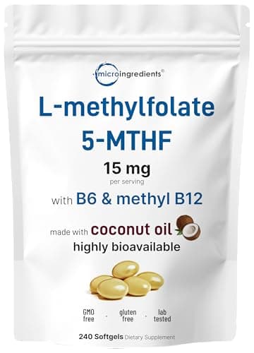 Micro Ingredients L Methylfolate 15mg, 240 Softgels | Active 5-MTHF with B6 & Methyl B12 | Methylated Vitamin B9 with Coconut Oil