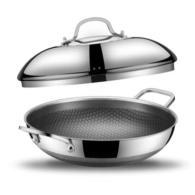 SNOWCLAD Wok, 13 Inch Hybrid Woks & Stir-fry Pans Nonstick with Double Handles, Non Toxic Stainless Steel Wok Pan with Lid, Dishwasher Induction Oven Broiler Safe