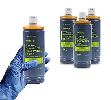 McKesson PVP Prep Solution. Pack of 12 Povidone Iodine 16 oz. 10% Solution for Venipuncture, Minor Invasive Procedures, Cuts. Non-Irritating and Non-Stinging. Flip-Top Bottle.