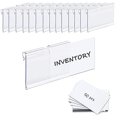 50PCS Basket Bin Labels Clip On,ChanQnTon Clear Plastic Labels for Storage Bins, Wire Shelf Price Tags,Merchandise Sign Display Holder,50PCS 6X4CM Paper Inserts Included.