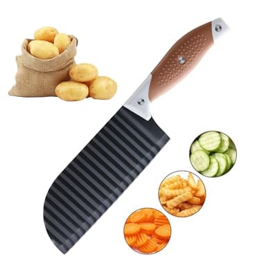 Crinkle Cutter for Veggies, OLULU Crinkle Cut Knife, Great for Veggies, French Fry, Potato, Cucumber, Carrot, Stainless Steel Wave Fries Cutter Slicer with Rubber Handle, Dishwasher Safe (Brown)