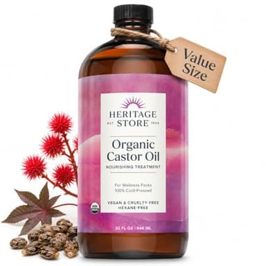 HERITAGE STORE Organic Castor Oil - 32oz Glass Bottle - Nourishing Treatment for Hair and Skin Care - Eyelash Serum for Eyelashes and Brows - Cold Pressed, Hexane Free, Vegan - 32oz