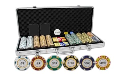 DA VINCI Monte Carlo Poker Club Set of 500 14 Gram 3 Tone Chips with Upgraded Aluminum Case, 2 Decks of Plastic Playing Cards, 2 Cut Cards, Dealer and Blind Buttons