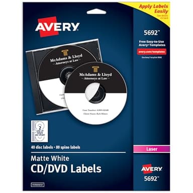 Avery Printable CD Labels, Matte White, Permanent Adhesive, Laser Printable, 40 Blank CD & 80 Blank Spine Stickers, Great for DVD, PC Discs, and More (5692)