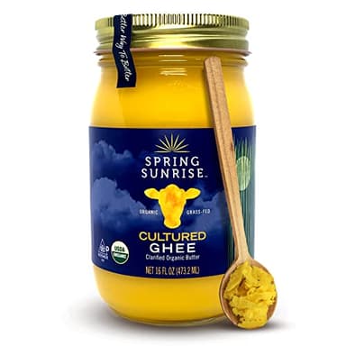 Spring Sunrise Grass Fed Organic Cultured Ghee - USDA Certified Clarified Butter - Keto & Paleo Friendly, Non-GMO, Gluten & Lactose Free Cooking Oil - Sustainably Sourced, 16 oz Jar