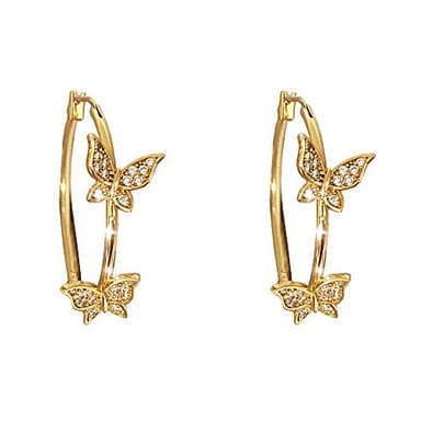 Double CZ Butterfly Dangle Hoop Earrings for Women Girls 14K Gold-Toned Cubic Zirconia Big Gold Hoops Click Top Lever-back Clasp Earring Dainty Huggie Jewelry for Wedding Party Prom (14K Gold-Toned)