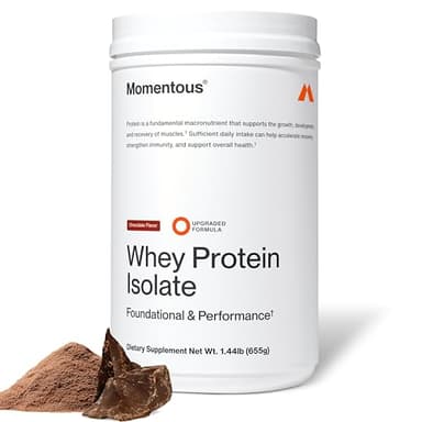 Momentous Essential Grass-Fed Whey Protein Powder – 20 g Whey Isolate Protein – NSF Certified for Sport – Gluten-Free – 25 Servings for Essential Everyday Use – Chocolate – Net WT 1.44 LB (655 g)