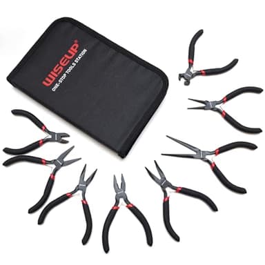 WISEUP 8-Piece Mini Pliers Set，Needle, Round, Flat, Long, Bent Nose, Diagonal, End Cutting & Linesman Pliers for Crafting, Electronics & Jewelry Making，with Pouch
