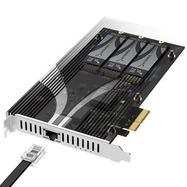 SABRENT PCIe 3.0 x4 Add-in Card with 10GbE and 3X M.2 NVMe SSD Slots, Tool-Free Aluminum Heatsink, Supports 2230/2242/2260/2280, No Bifurcation Required, NAS/Server/PC Compatible (EC-PM2L)
