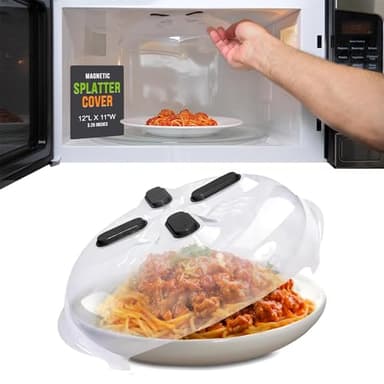 HOVER COVER Magnetic Splatter Cover, 12-Inch Clear BPA-Free Food Lid, Vented Plate Guard with Steam Vents, Anti-Splash Microwave Lid, Dishwasher Safe, Space-Saving Magnetic Storage - Onyx Black