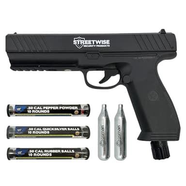 Streetwise Heat .50 Caliber Defense Launcher, Kinetic Impact Ball Gun - Personal Protection Pistol Includes 10 Rubber Balls, 10 Quicksilver Metal Composite Rounds, & 2 CO2 Canisters