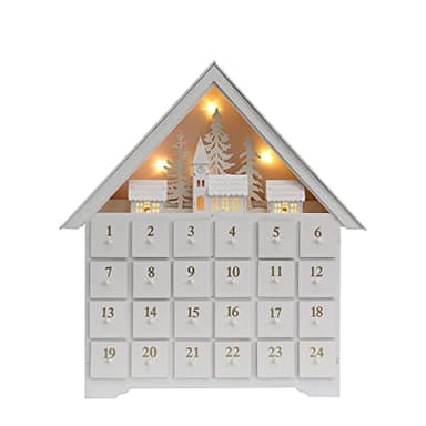 PIONEER-EFFORT Christmas Wooden Advent Calendar House with 24 Drawers, Countdown to Christmas for Kids, LED Home Decoration, L16.25 x H17.9 x T2.87 inches, Battery Operated