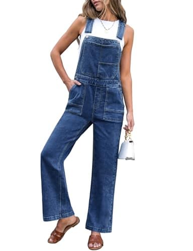 luvamia Jean Overalls for Women Loose Fit Straight Wide Leg Baggy Stretchy Adjustable Strap One Piece Jean Jumpsuits for Women Casual Denim Overall Classic Blue Size Large US Size 12-14