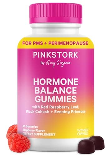Pink Stork Hormone Balance Gummies for Women – PMS, Menopause & Perimenopause Support – Mood, Digestion, Temperature Comfort + Energy – Red Raspberry Leaf, Black Cohosh, Primrose – 60 Vegan Gummies